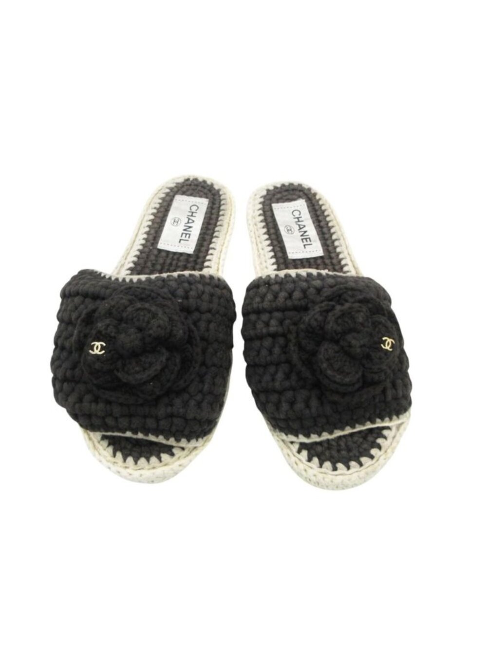 Chanel Sandals CC Logo Camellia Clochette Mules Shoes Black 35c